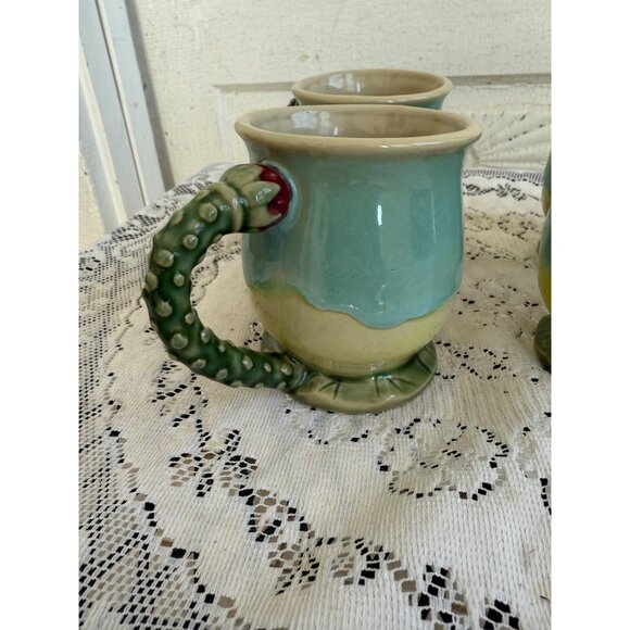 Vintage 80's Set 4 Majolica Pottery Mugs Cups Cactus blossom Handle - Picture 2 of 13